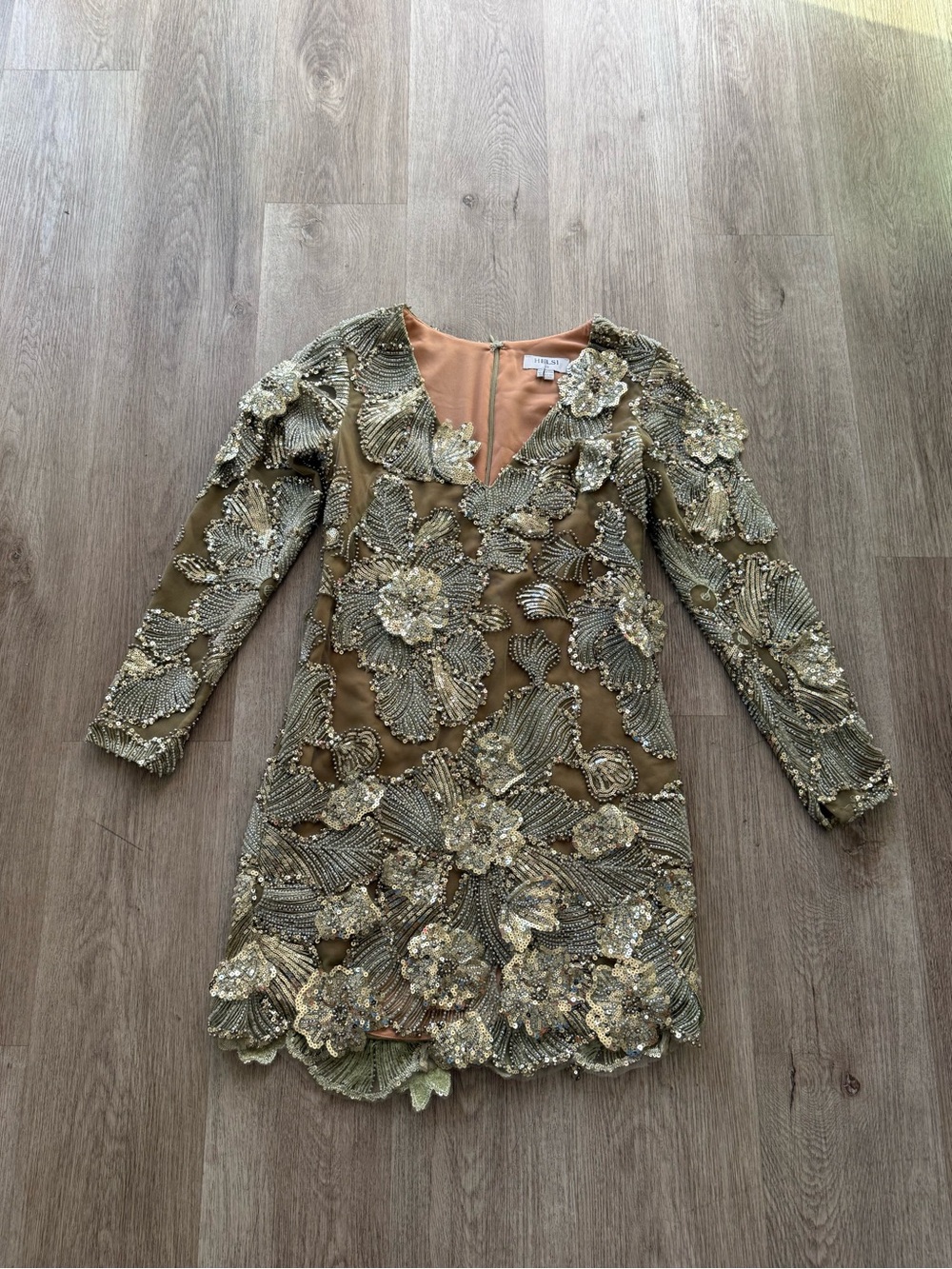 helsi toni green 3d floral sequin beaded embellished long sleeve mini dress XS